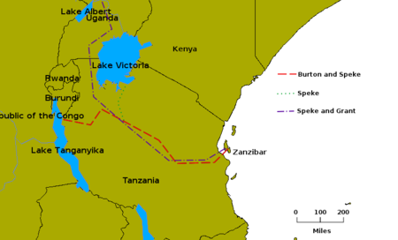 Routes taken by the expeditions of Burton and Speke (1857–1858) and Speke and Grant (1863).