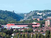 Ashton Gate stadium with the Clifton Suspension Bridge in the background over the Avon Gorge