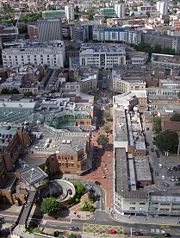 Looking across the Broadmead Shopping Centre from a balloon at 500�feet (150�m)