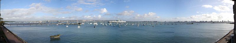 Portsmouth Harbour, taken from Gosport showing Portsdown Hill in the centre and the city of Portsmouth on the right including the home of the Royal Navy, HMNB Portsmouth.