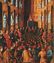 Pope Urban II at the Council of Clermont (1095), where he preached the First Crusade; later manuscript illumination of c. 1490