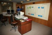 Control room and schematics of the water purification plant to Lac de Bret, Switzerland.