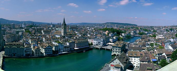 View on Zurich from the Grossm�nster church. Shows the river as well as St. Peter's Church.