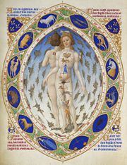 15th century image from the Tr�s Riches Heures du Duc de Berry showing believed relations between areas of the body and the zodiacal signs.