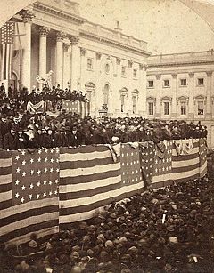 Chief Justice Morrison R. Waite administering the oath of office to Rutherford B. Hayes , March 5, 1877. Photo by Brady