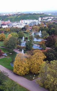 Killesberg park with fountains and vineyards in the background