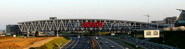 The A8 motorway running under the car park next to Stuttgart Airport and Stuttgart Trade Fair