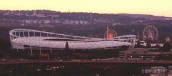 VfB Stuttgart's home ground, the Gottlieb-Daimler-Stadion in Bad Cannstatt. In the background: the Stuttgart Spring Festival