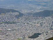 Northern Quito as seen from the Telef�riqo (Aerial tramway) Station at Cruz Loma (part of the Pichincha mountain complex at about 13,123 ft; 4,000 m, ). Lots of buildings (10 or more stories) have been constructed around the financial center of the city throughout the last 35 years.