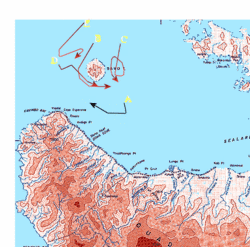 First phase of the engagement, 23:17–23:30, November 14.  Red lines are Japanese warship forces and black line is U.S. warship force.