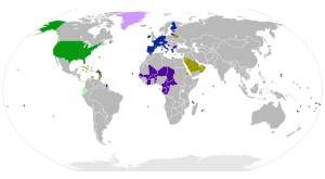 Worldwide use of the euro and the U.S. dollar:      euro      currencies pegged to the euro      US dollar      currencies pegged to the US dollar