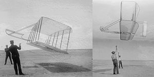 A Big Improvement At left, 1901 glider flown by Wilbur (left) and Orville. At right, 1902 glider flown by Wilbur (right) and Dan Tate, their helper. Dramatic improvement in performance is apparent. The 1901 glider flies at a steep angle of attack due to poor lift and high drag. In contrast, the 1902 glider flies at a much flatter angle and holds up its tether lines almost vertically, clearly demonstrating a much better lift-to-drag ratio.