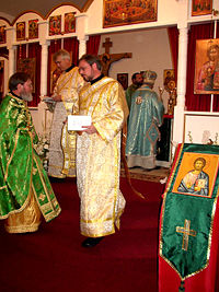 Orthodox clergy at All Saints Antiochian Orthodox Church, Raleigh, NC (L to R):  priest, two deacons, bishop