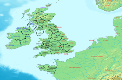 British isles, 5th CE, are highly linked with future Brittany in the continent�: color codes�: red = germanic kingdoms, including nine Anglo-Saxon ones, soon  seven)�; black = Brythons�; blue = Irish kingdoms�;  brown = Pict tribes & Orcades�; purple = Attacotti -  map source.