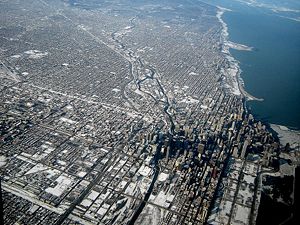 An aerial view of the city of Chicago.