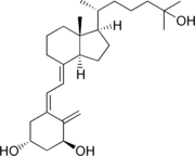 Calcitriol (1,25-dihydroxycholecalciferol). Active form. Note extra OH groups at upper right and lower right.