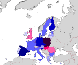 Changes in the unemployment rate from February 2006 until February 2007 in the EU (Red - increasing and Blue - decreasing)