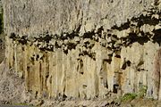 Columnar basalt near Tower Falls; large floods of basalt and other lava types preceded mega-eruptions of superheated ash and pumice