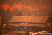 A crown fire approaches the Old Faithful complex on September 7, 1988