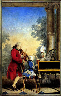 The Mozart family on tour: Leopold, Wolfgang, and Nannerl. Watercolor by Carmontelle, ca. 1763