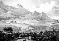 The ruins of Amphipolis as seen by E. Cousin�ry in 1831: the bridge over the Strymon, the city fortifications, and the acropolis