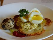 Soft-boiled quail eggs, with potato galettes