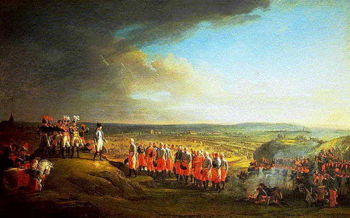 Napoleon takes the surrender of the unfortunate General Mack and the Austrian army at Ulm. Painting by Charles Th�venin.