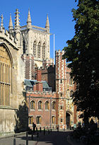 Trinity Street, St John's Street and the Main Gate of St John's College with the tower of the college's chapel looming in the background