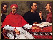 Machiavelli (center right) depicted with: (from left to right) Cesare Borgia, Pedro Luis de Borja Lanzol de Roman�, and Don Micheletto Corella