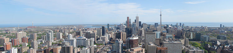 Panoramic view of downtown Toronto from Panorama Lounge in the Manulife Centre. Lake Ontario can be seen in the distance.