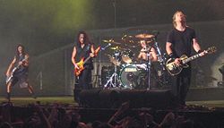 Metallica live in London, 2003. Left to right: Robert Trujillo, Kirk Hammett, Lars Ulrich, James Hetfield.