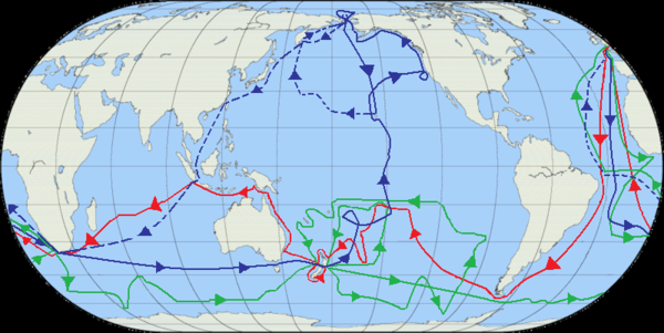 The routes of Captain James Cook's voyages. The first voyage is shown in red, second voyage in green, and third voyage in blue. The route of Cook's crew following his death is shown as a dashed blue line.