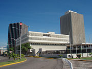 View of the Downtown Kingston waterfront showing the Bank of Nova Scotia and the Bank of Jamaica.