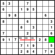 The bottom middle sub-square needs a 3, 5, and 6 in the top row.  This creates a contingency which, although unresolved, reveals that the green square must be a 4.