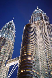 The Petronas Twin Towers at dusk.