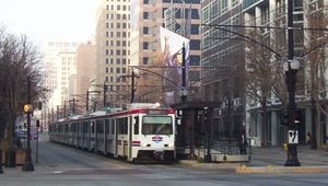 UTA TRAX Sandy train at the Gallivan Plaza stop in Salt Lake City