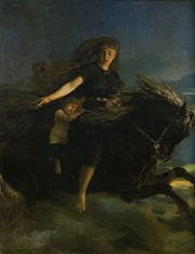 N�tt, the Norse goddess of the night, rides her horse in this 19th century painting by Peter Nicolai Arbo.