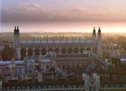 View over Trinity College, Gonville and Caius, Trinity Hall and Clare College towards King’s College Chapel, seen from St John’s College chapel. On the left, just in front of Kings College chapel, is the University Senate House