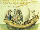 The founders of Scotland of late medieval legend, Scota with Go�del Glas, voyaging from Egypt, as depicted in a 15th century manuscript of the Scotichronicon of Walter Bower.