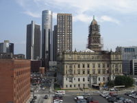 Renaissance Center with giant decal for the 2005 MLB All-Star Game.