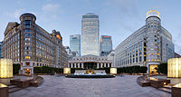 The three tallest skyscrapers in Canary Wharf as viewed from Cabot Square. It is home to such companies as the HSBC and Clifford Chance.