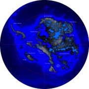 Antarctica without its ice shield. This map does not consider that sea level would rise because of the melted ice, nor that the landmass would rise by several hundred meters over a few tens of thousands of years after the weight of the ice were no longer depressing the landmass.