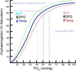 Basic hemoglobin saturation curve. It is moved to the right in higher acidity (more dissolved carbon dioxide) and to the left in lower acidity (less dissolved carbon dioxide)