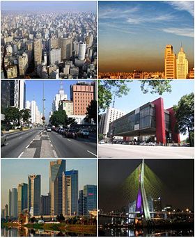 Clockwise from top left: Aerial view of downtown S�o Paulo, Edif�cio Copan at center; smog over Zona Leste; the S�o Paulo Museum of Art; the Octavio Frias de Oliveira bridge over the Pinheiros River; high-rise buildings along Marginal Pinheiros; Avenida Paulista, looking towards Rua da Consola��o.