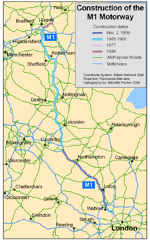 Map showing construction dates of sections of the M1