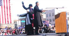 Obama on stage with his wife and two daughters just before announcing his presidential campaign in Springfield, Illinois