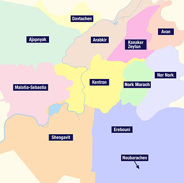 The twelve districts of Yerevan