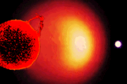 Artist's conception of the future evolution of our Sun. Left: main sequence; middle: red giant; right: white dwarf