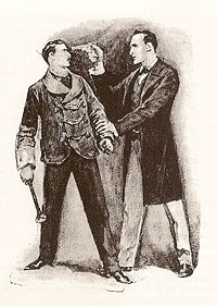 Holmes brandishing a weapon.