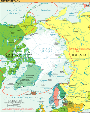 The red line indicates the 10�C isotherm in July, sometimes used to define the Arctic region border